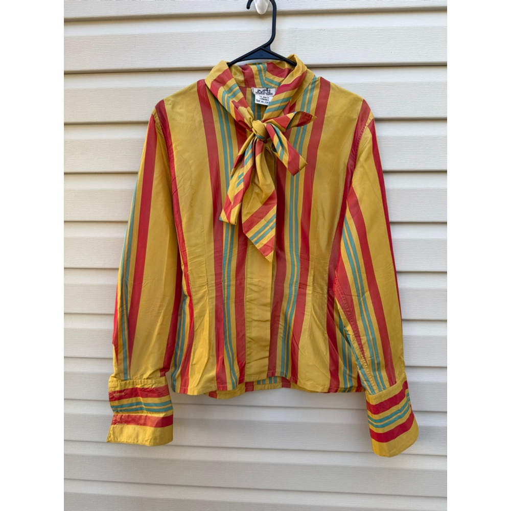 Vintage Hermès Paris 100% Silk Tie Neck Blouse Striped Gold Red Blue Size 40